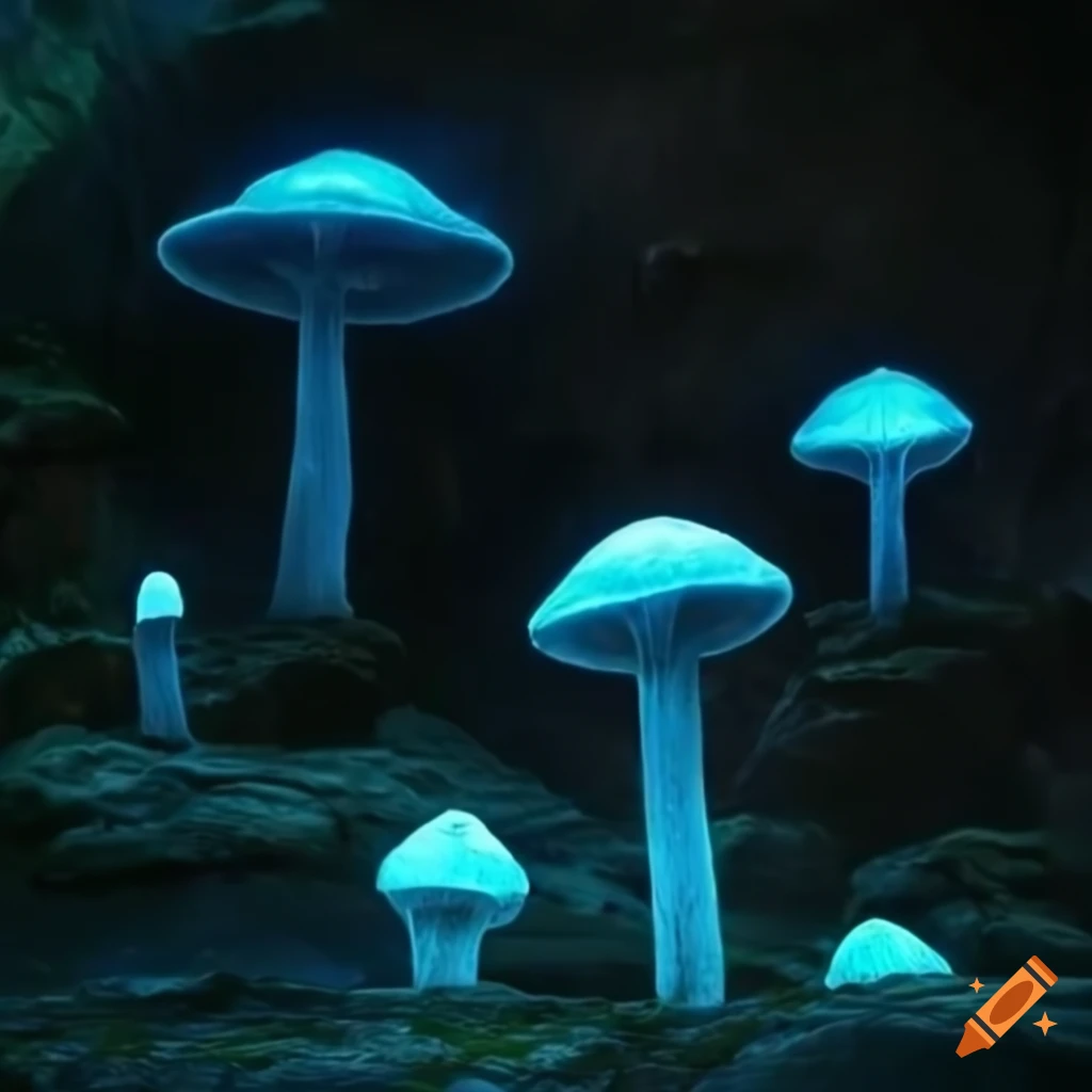Giant glowing mushrooms in a mystical cave forest on Craiyon