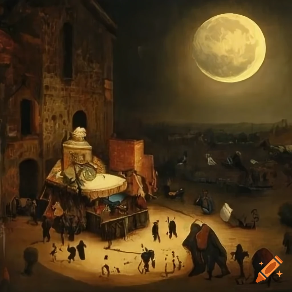Moonlit ritual in the style of Pieter Bruegel the Elder