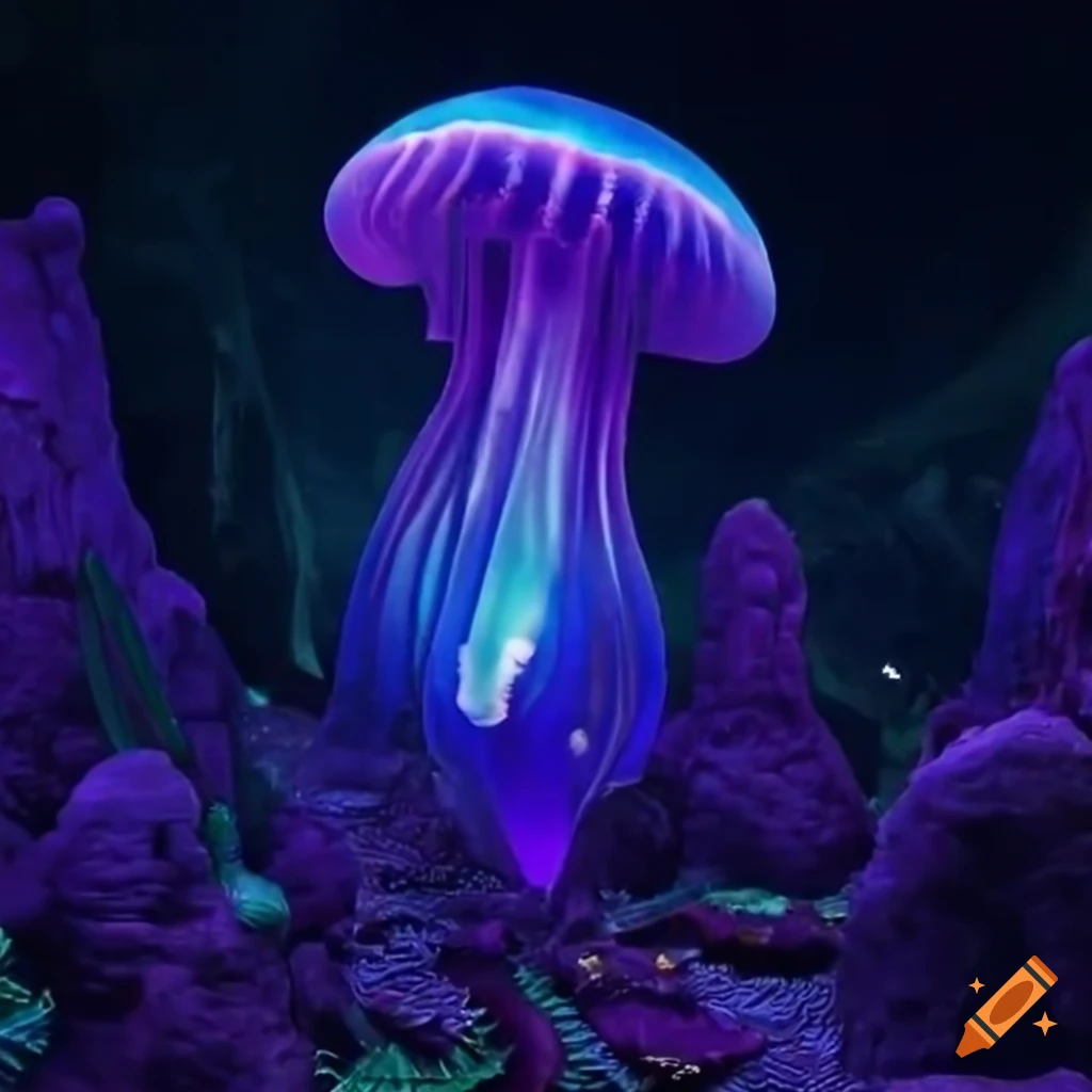 Extraterrestrial realm with radiant rivers, mystical statues, and purple flora