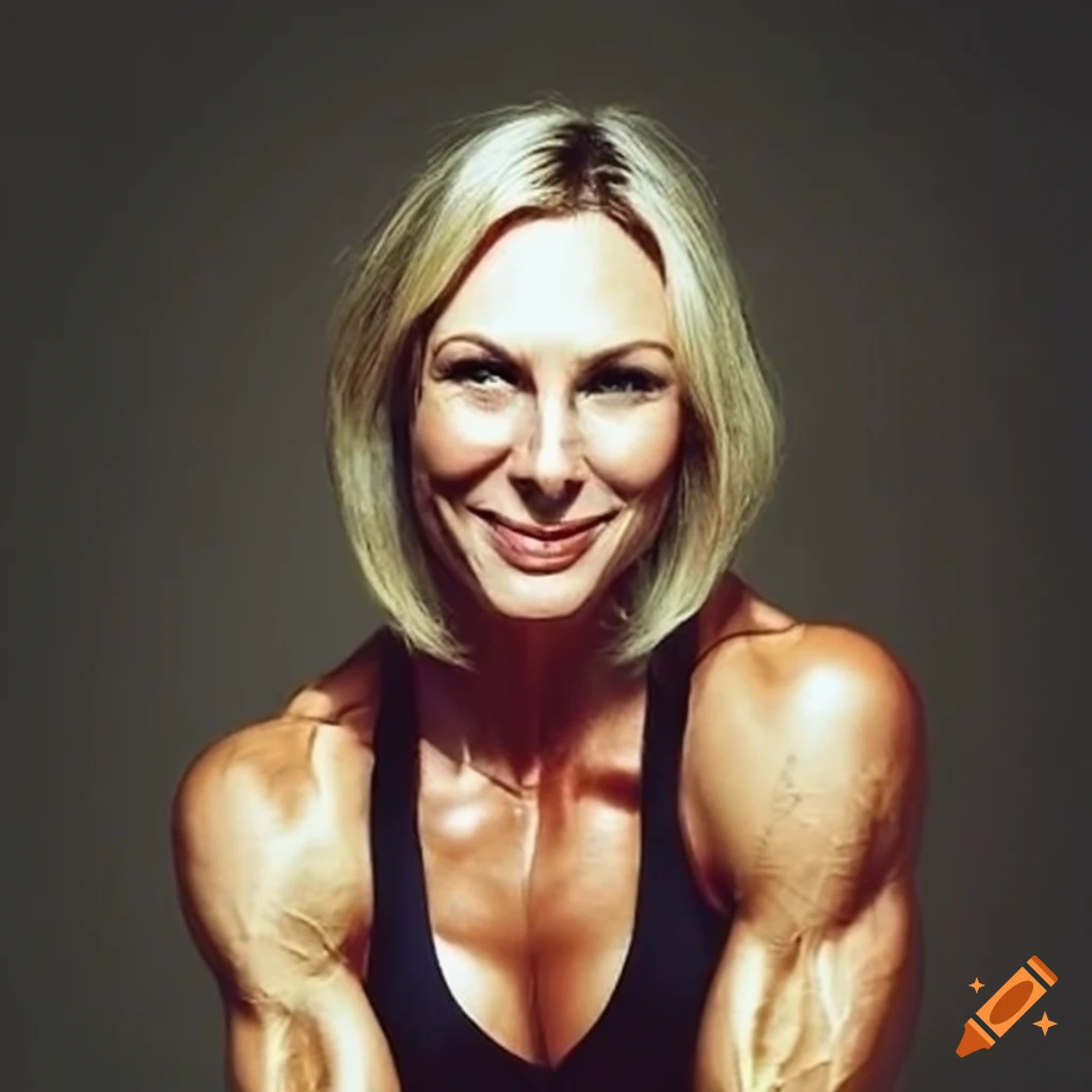 Actress/bodybuilder Stacy Haiduk flexing and smiling