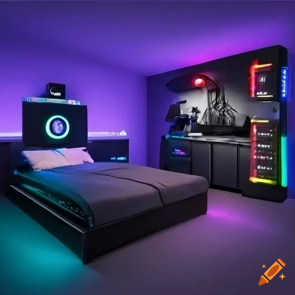 High-tech bedroom with rgb gaming setup and black bed on Craiyon