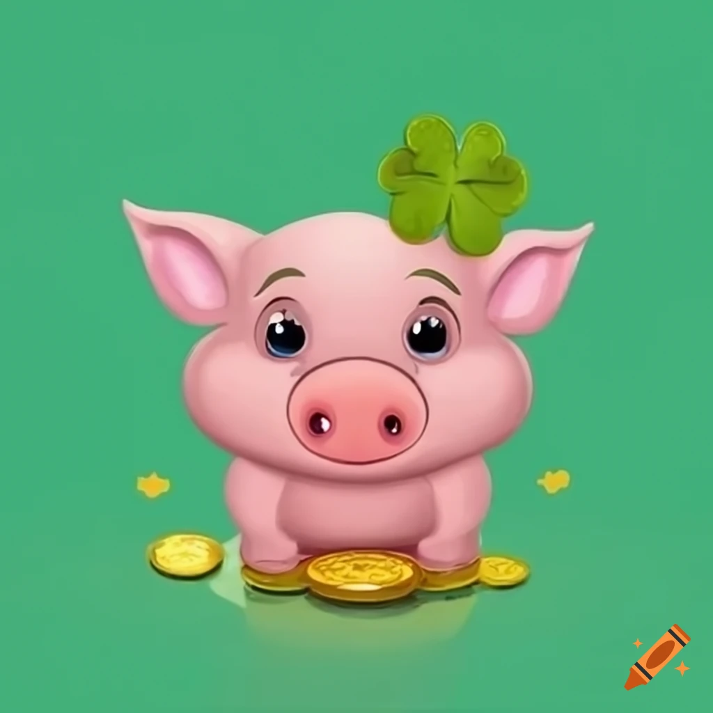 Cute pink pig with gold coin and green four-leaf clover