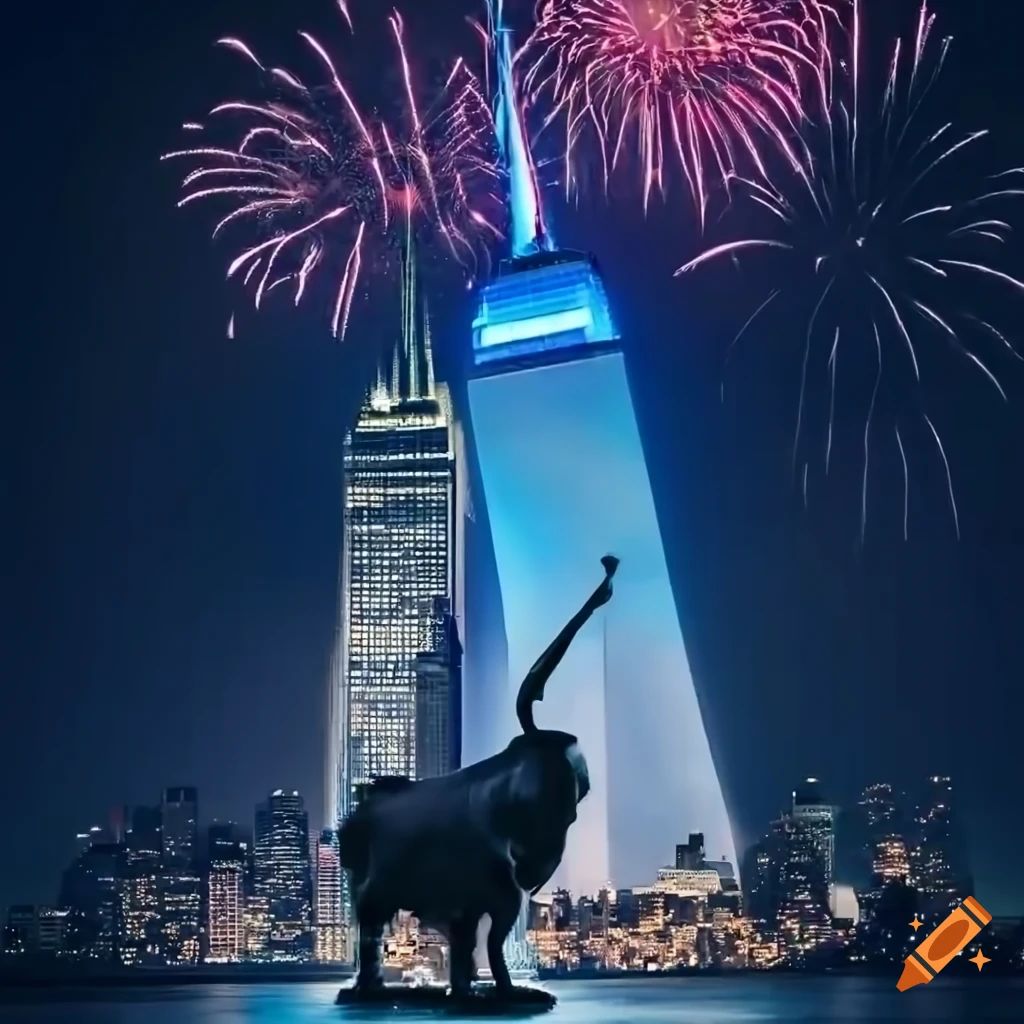 Happy bull with 2024, New York City skyline, and New Year fireworks in the background