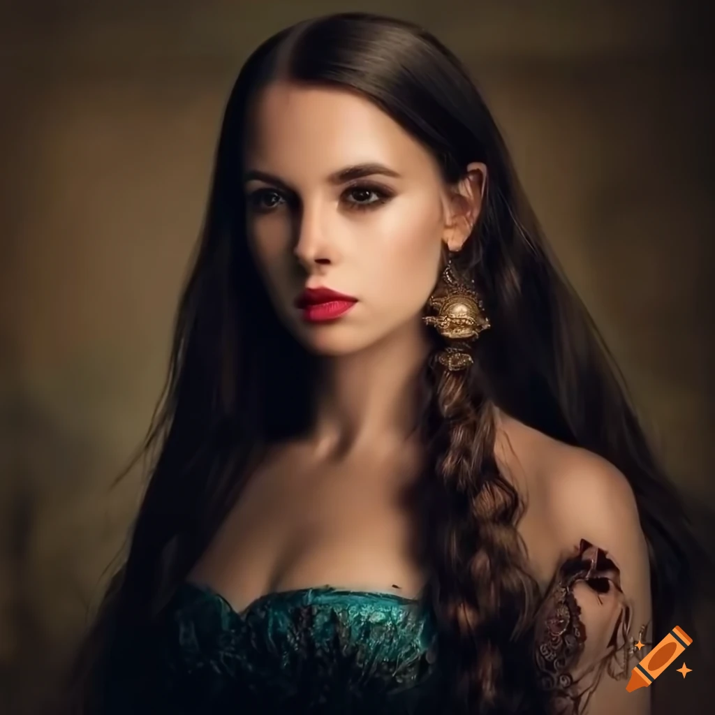 Beautiful russian woman in a dress flanked by ancient architecture with