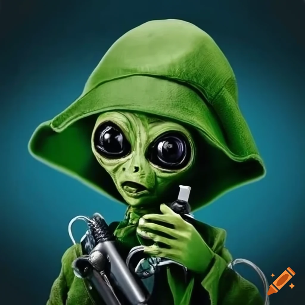 Alien in green security cloth and cap with car pump and key holder