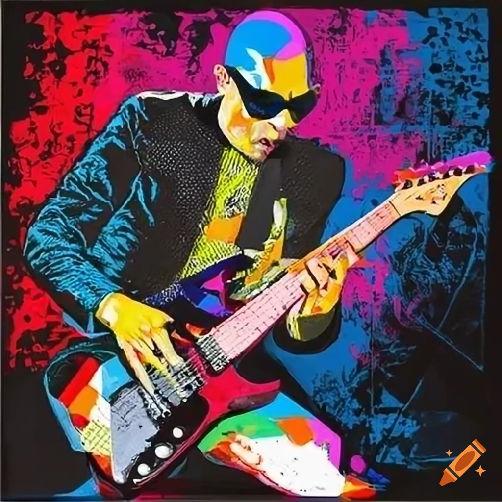 Pop art painting of Joe Satriani playing electric guitar