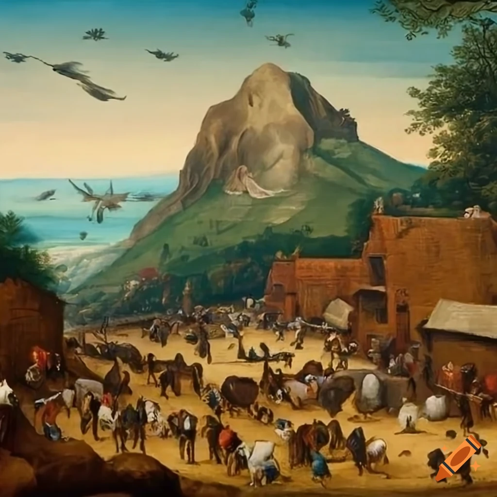 Temple on a high mountain with eagles flying nearby and people with ox carts