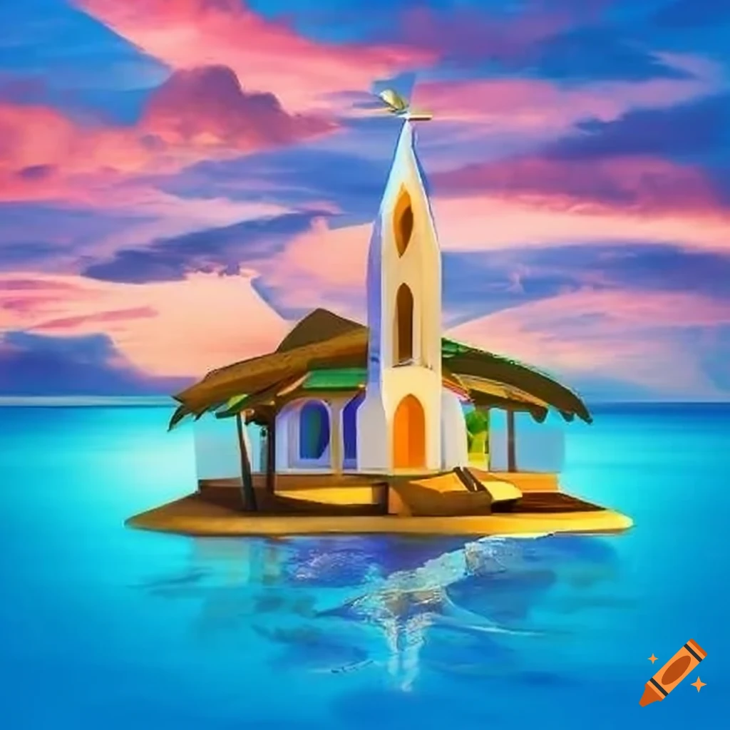 Cubist sky over a romantic church at a caribbean beach with a friendly ...