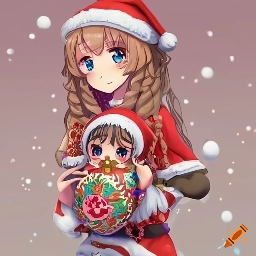 Anime girl in christmas outfit with russian toy doll