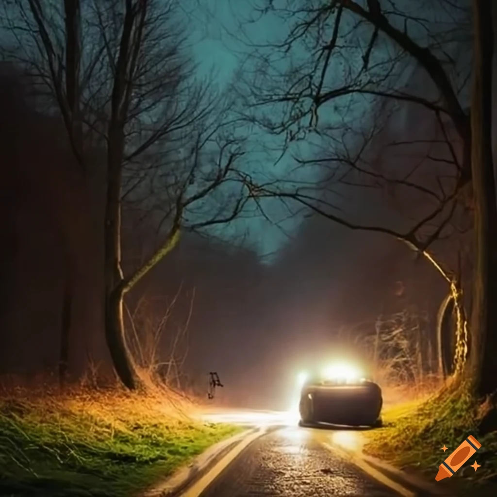 Car crashed into a tree on a country road at night