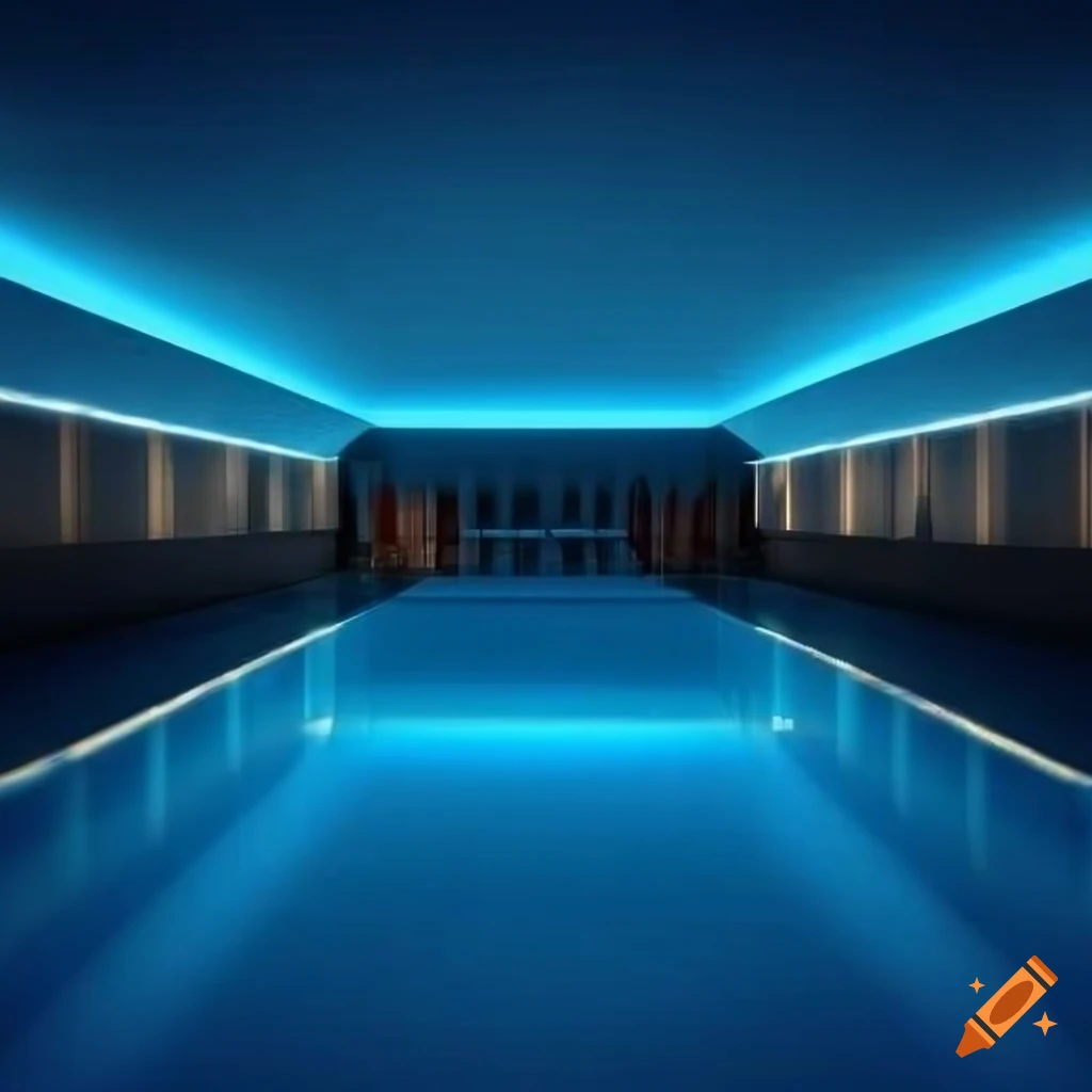Modern indoor pool at night with reflective walls and pool lights