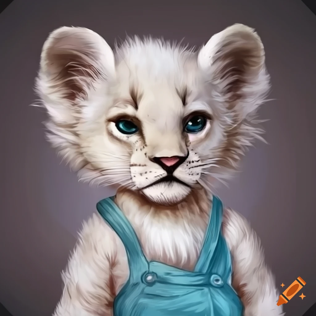 Anthropomorphic white lion cub in clothing