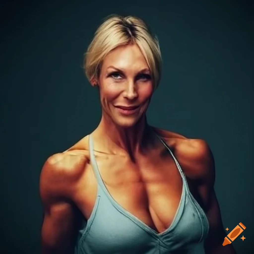 Actress/bodybuilder Stacy Haiduk flexing and smiling