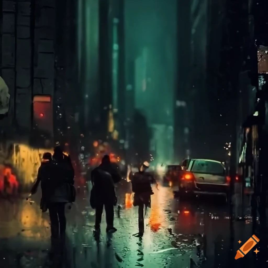 Crowded Blade Runner style street with night rain