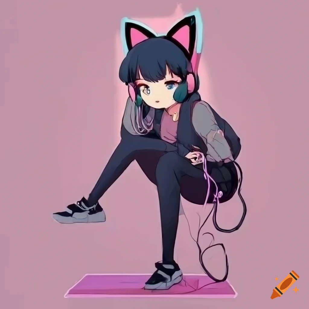 Anime lofi girl with dark blue hair, smiling and waving, wearing cat ear headphones and sweatpants