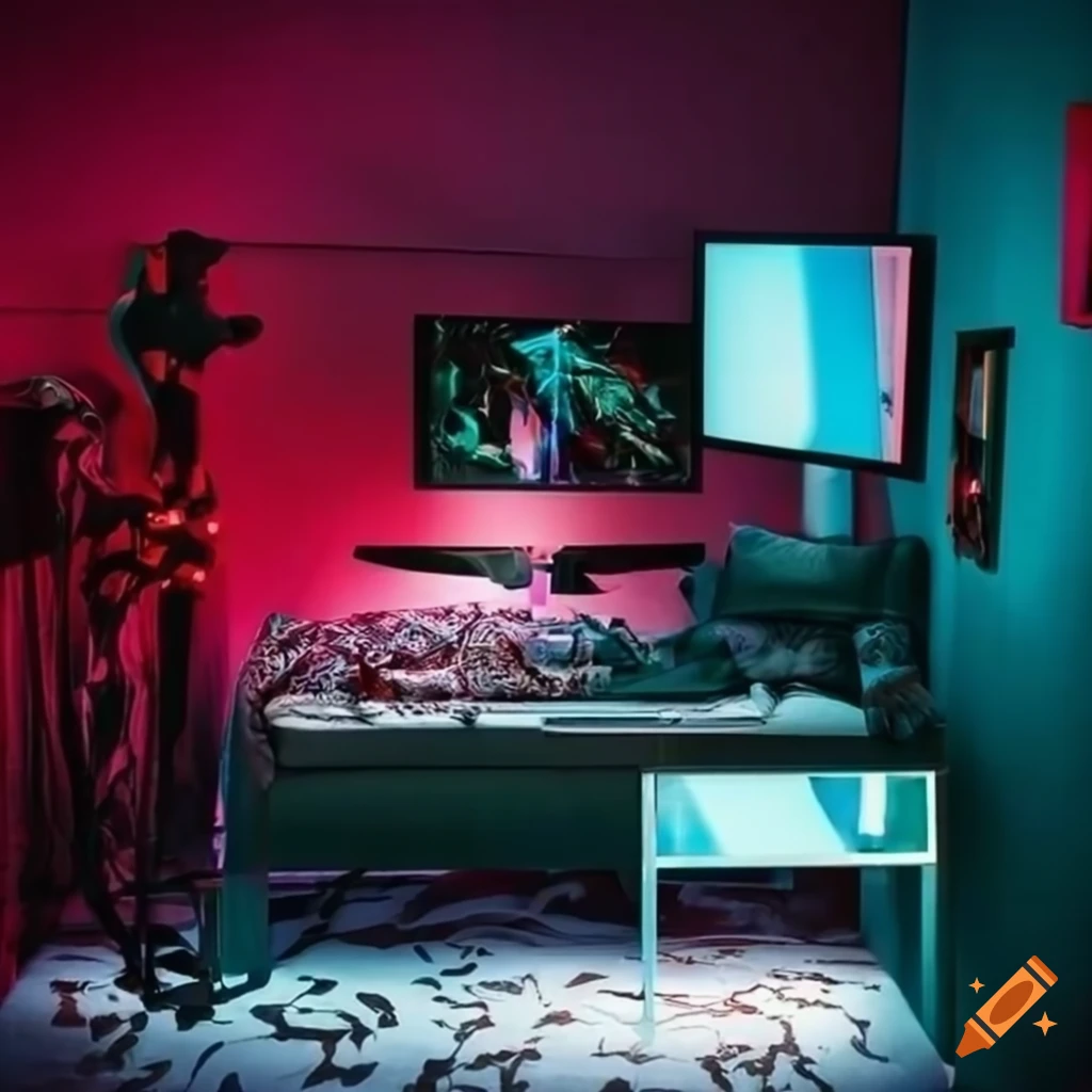 A bedroom with a gaming PC, monitor, manga, notebooks, bed, and wardrobe