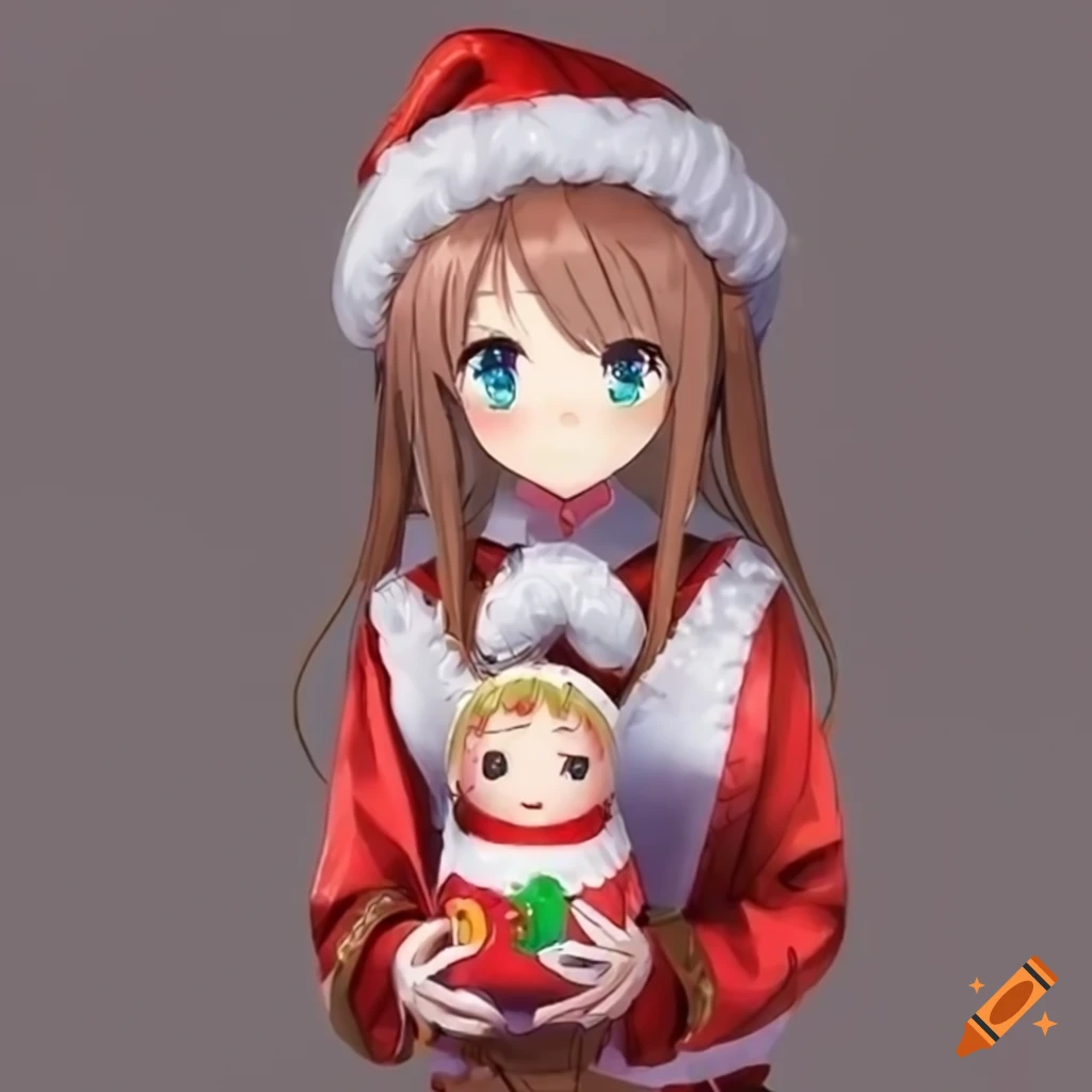 Anime girl in Christmas outfit with Russian toy doll