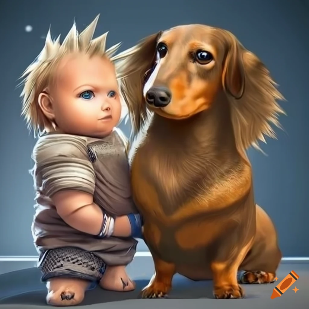 Chubby blonde baby boy with a dachshund in Final Fantasy style