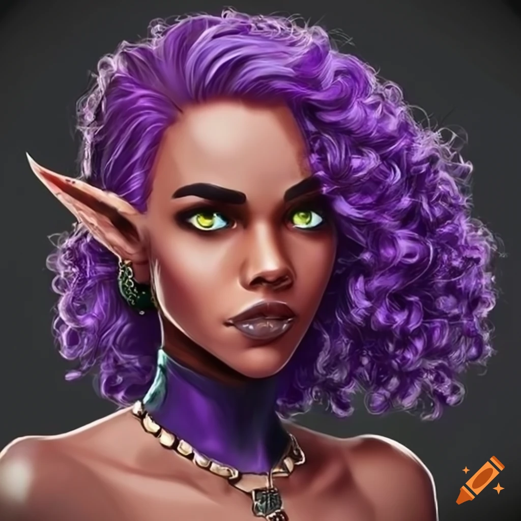Ethnic Dark Skinned Rogue High Elf With Curly Purple Hair And A Round Face On Craiyon 