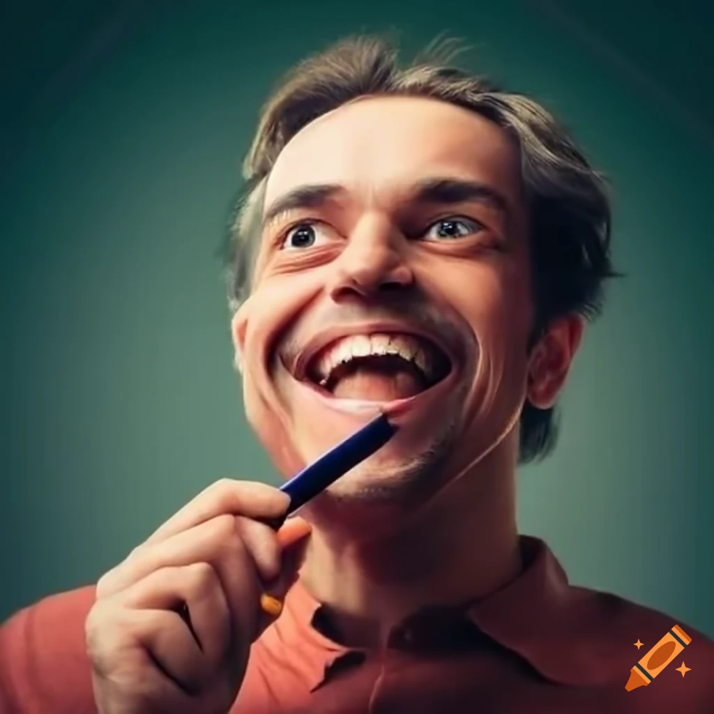 Happy man holding a long pencil