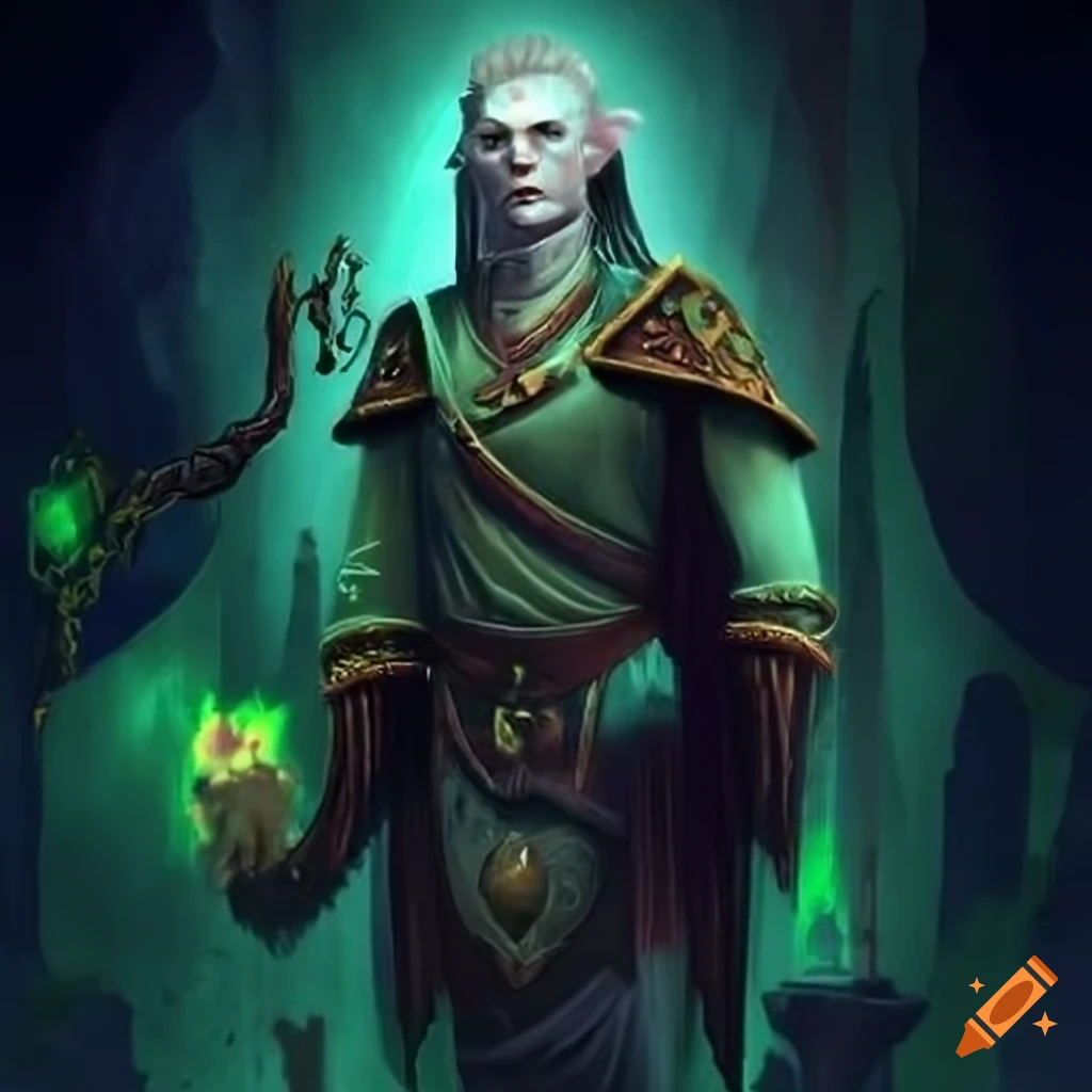 Verdant-hued male elf in dungeon chamber