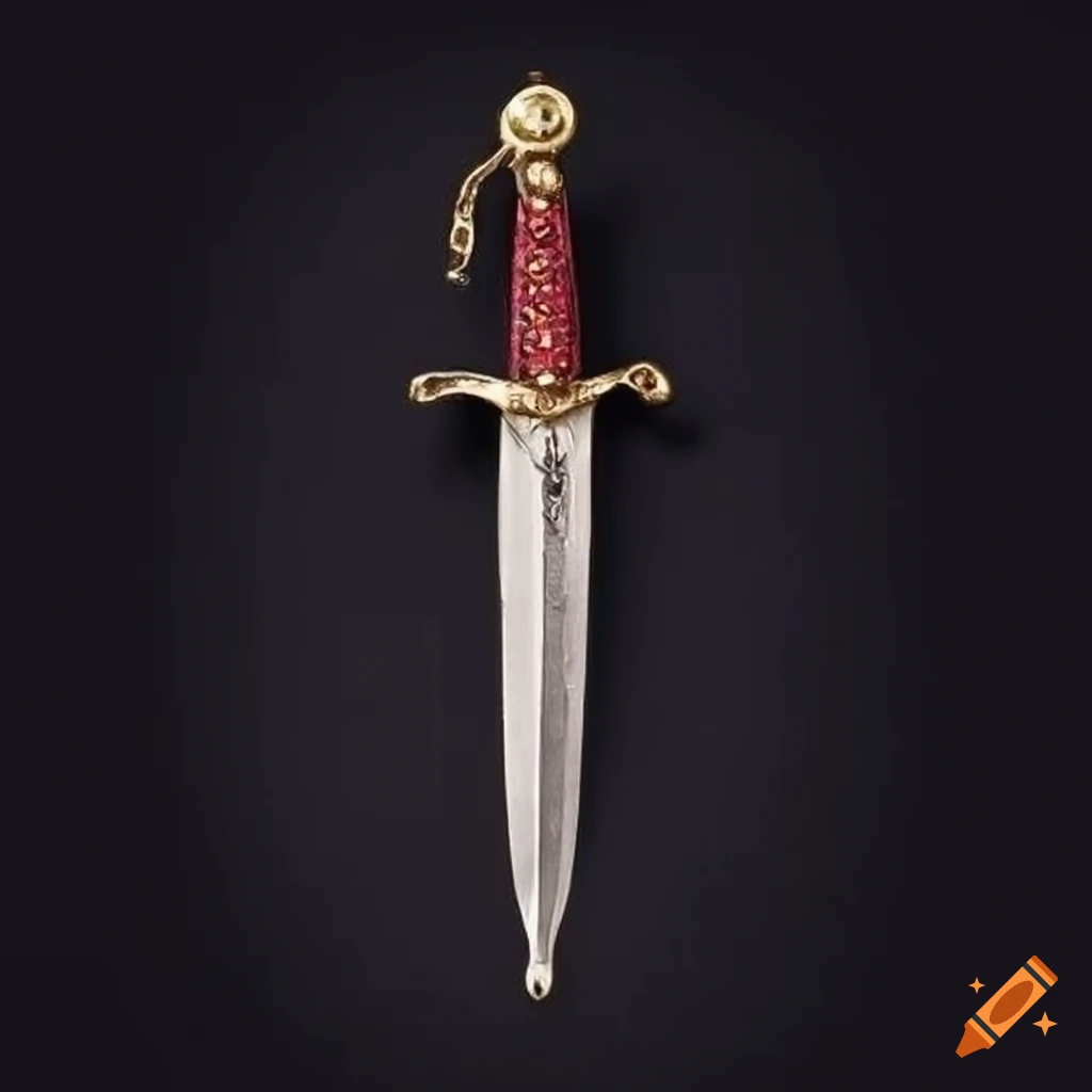 Wellpolished iron dagger with ruby studded cross guard and fire opaladorned hilt on Craiyon