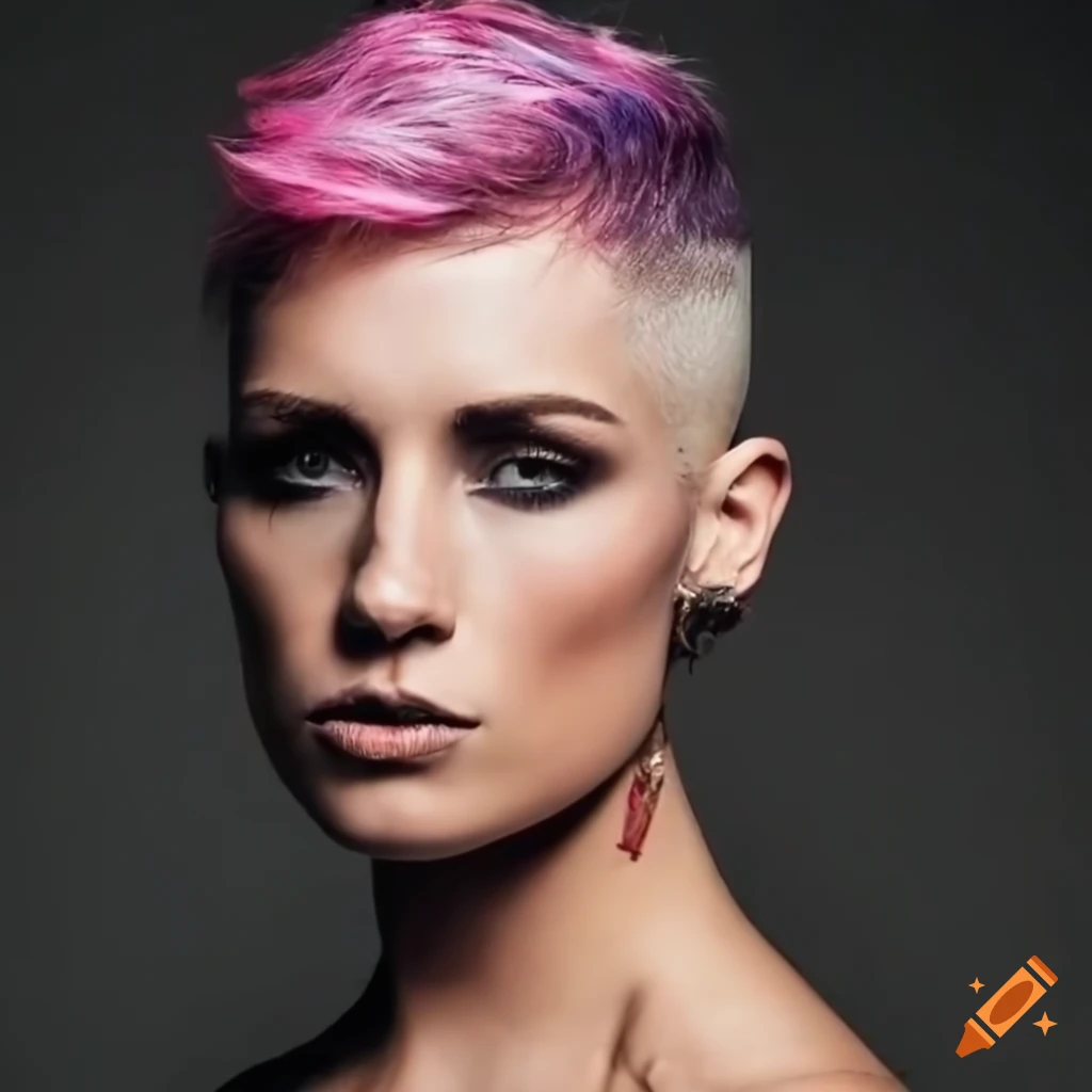 Woman getting a shaved pixie haircut in a barbershop