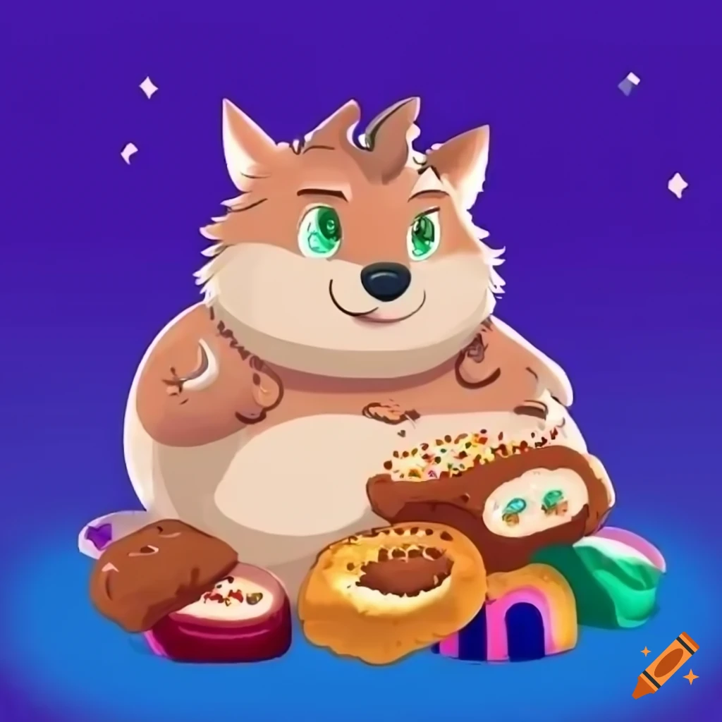 Chubby wolf character sitting by fireplace with a plate of rainbow cupcakes and cookies