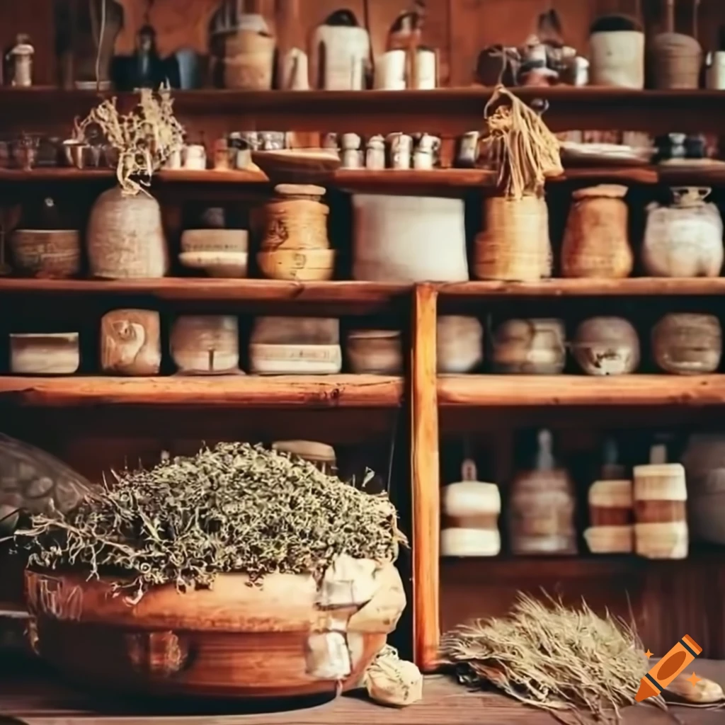 A rustic apothecary shop with shelves of herbs and a table for ...