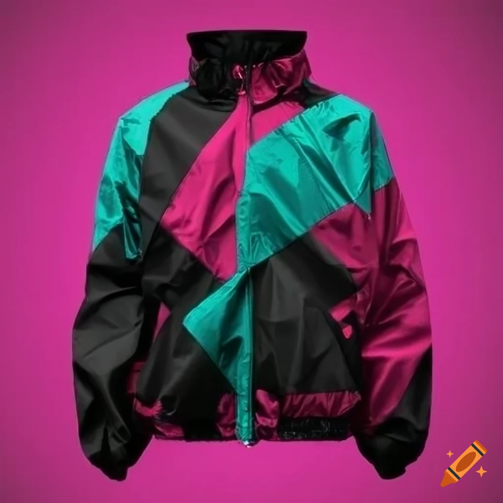Black 80s windbreaker jacket with neon pink geometric pattern on