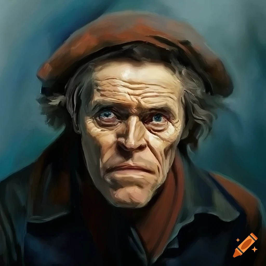 Portrait of Willem Dafoe as a grumpy fisherman in stormy weather