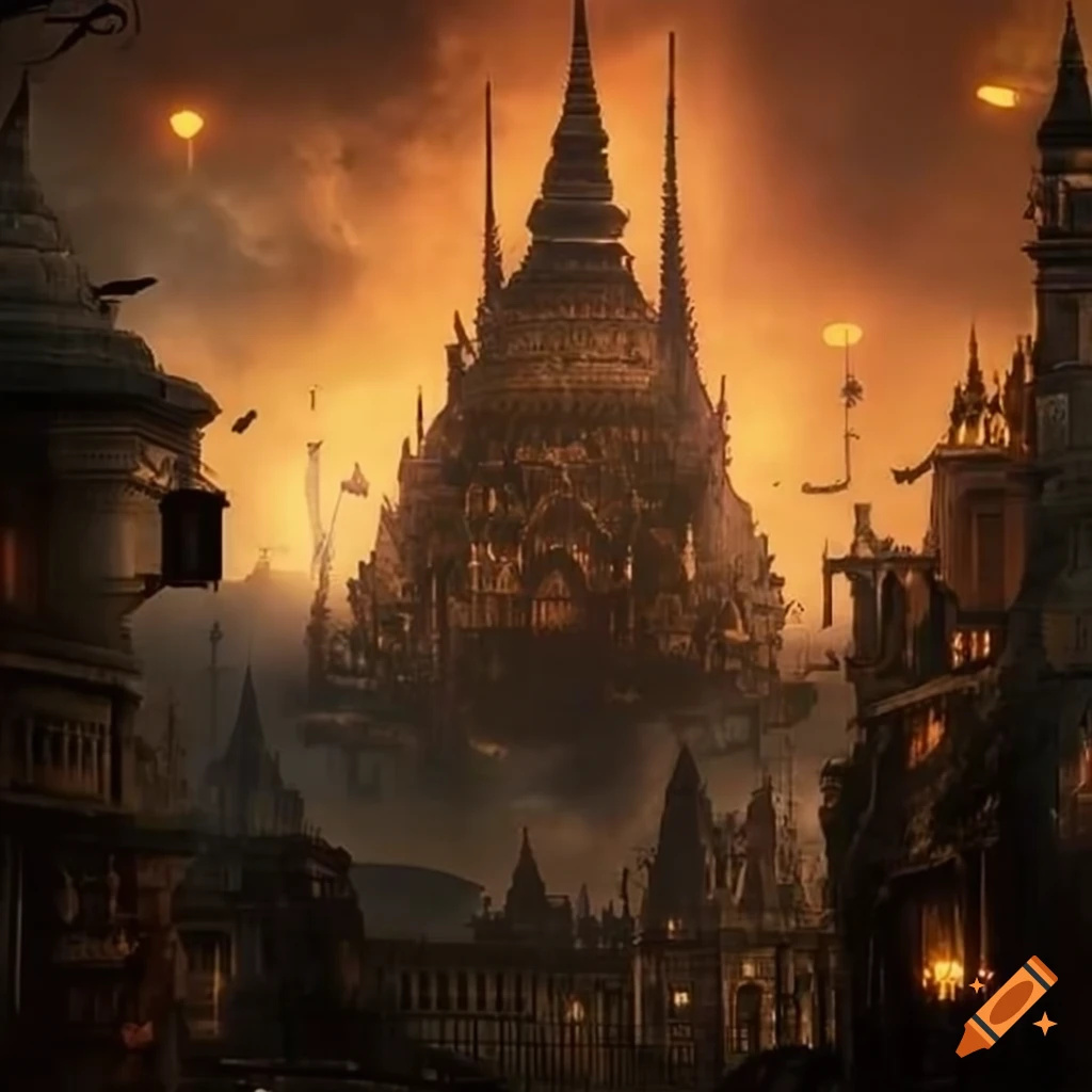 Cityscape with light steampunk and ancient Thai style
