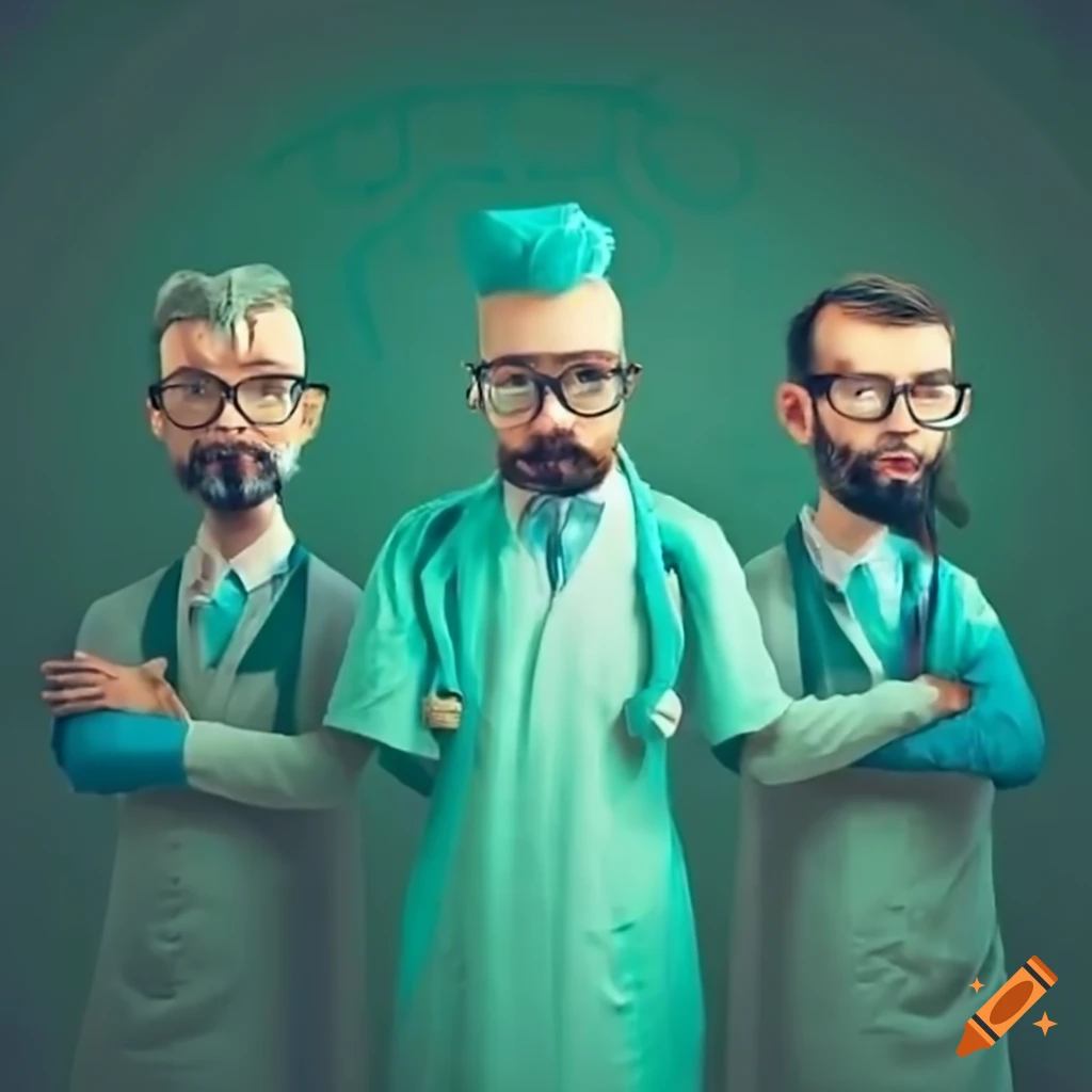 Four pharmacists in light green with text "dream team" and a sad patient