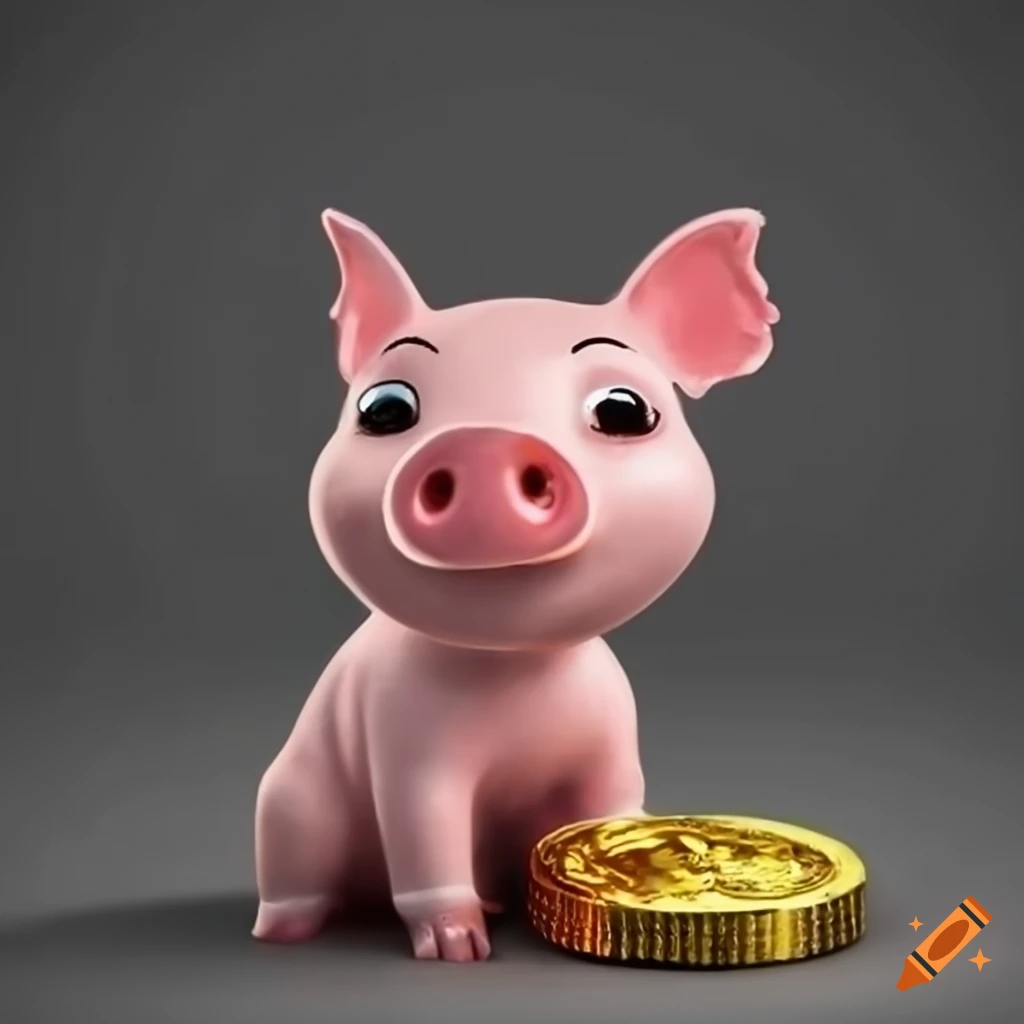 Cute little pink pig with a gold coin