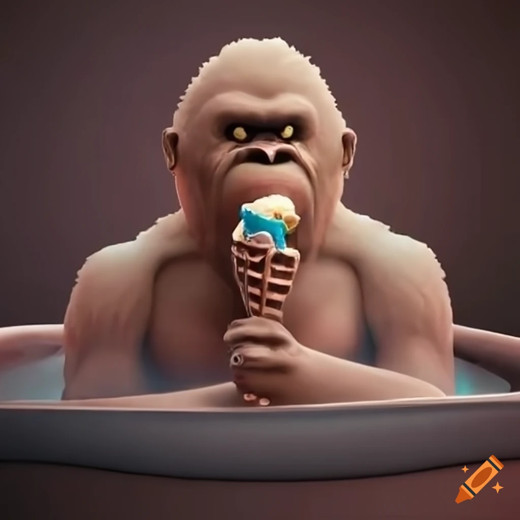 Bigfoot enjoying ice cream in a hot tub