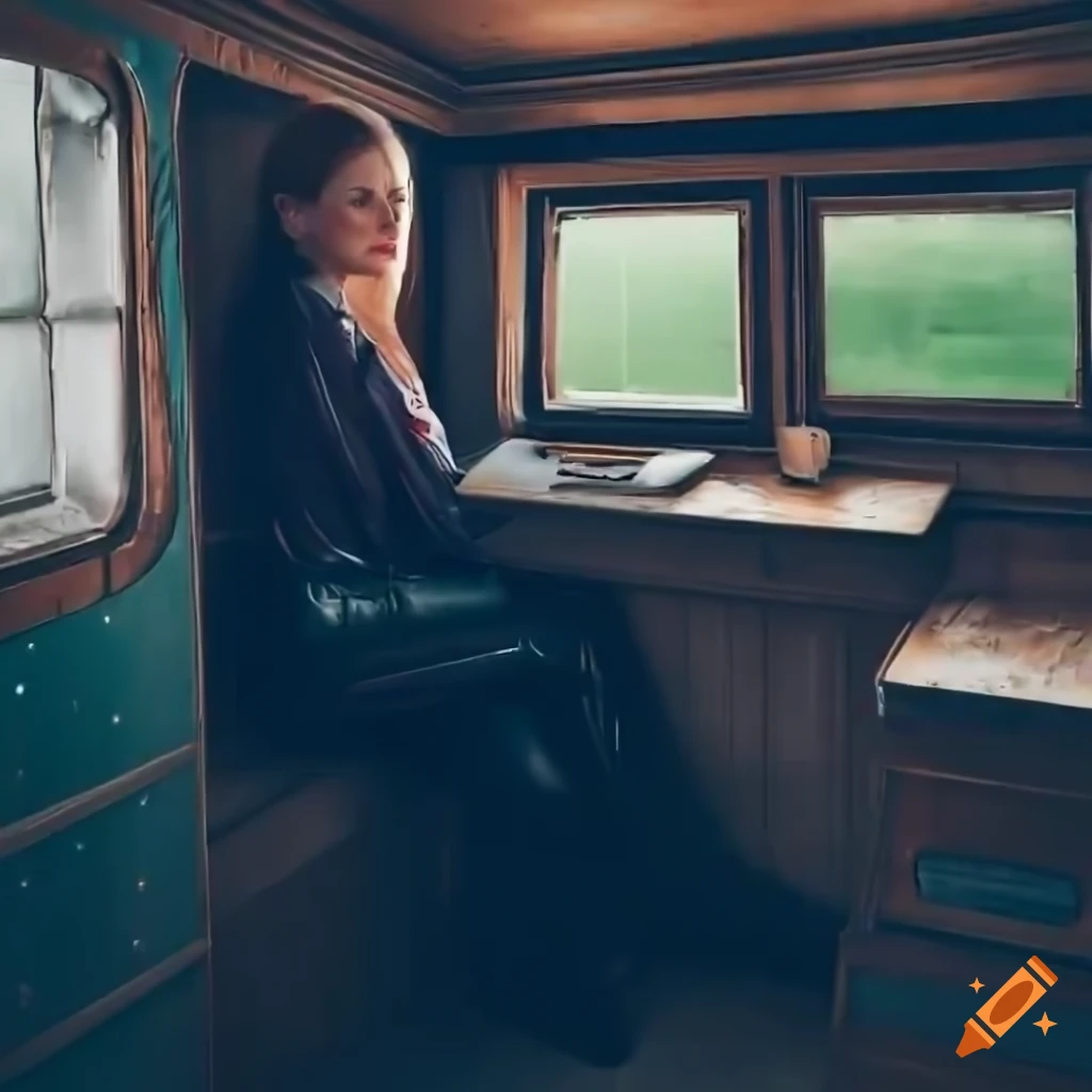 Young actress in plaid shirt and black leather trousers sitting in caravan trailer