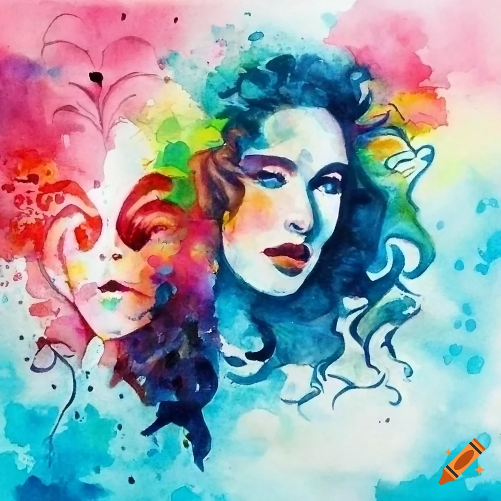 Double face with happy and upset expressions in vibrant watercolors on