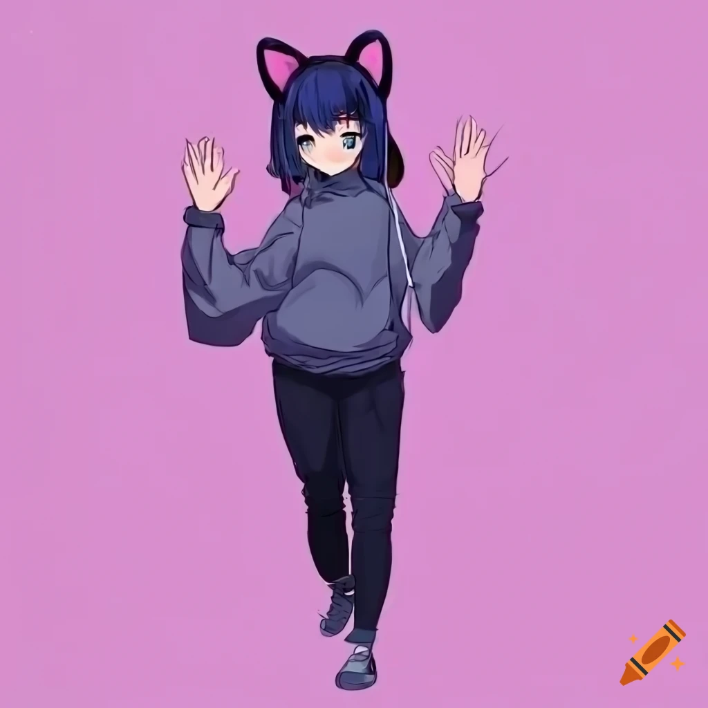Anime lofi girl with dark blue hair wearing cat ear headphones and smiling
