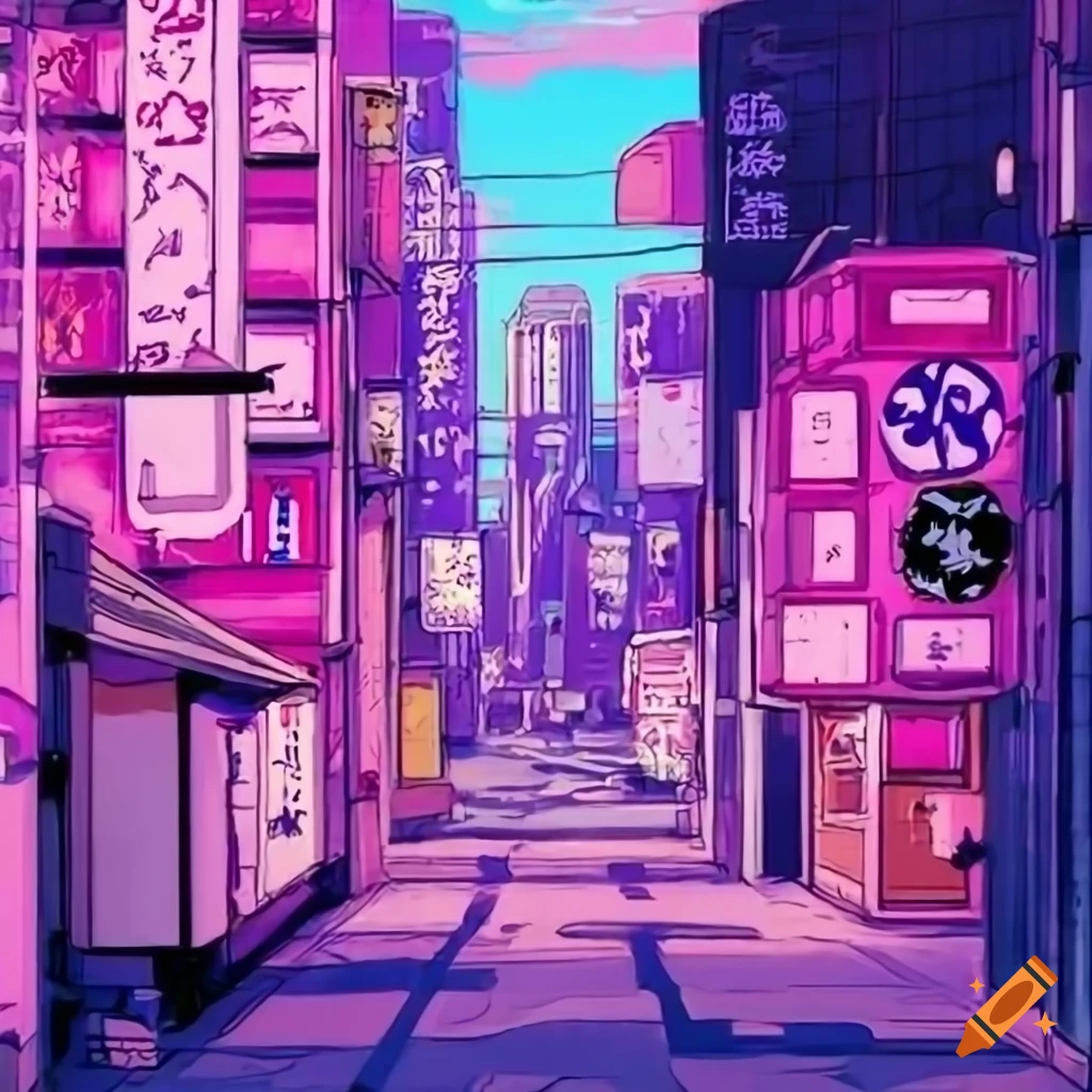 Tokyo in 90s anime style with pastel pink and violet colors on Craiyon