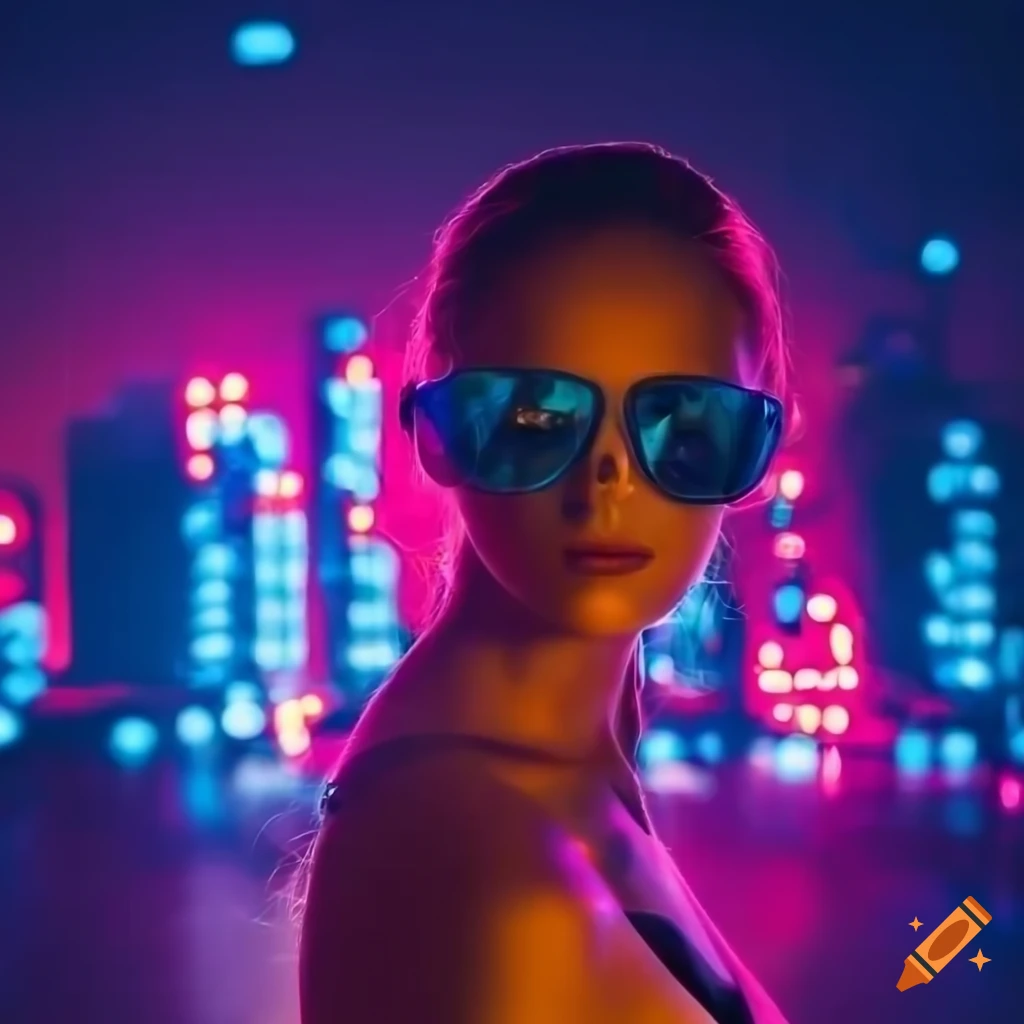 Fashion model in mirrored sunglasses with city neon lights on Craiyon
