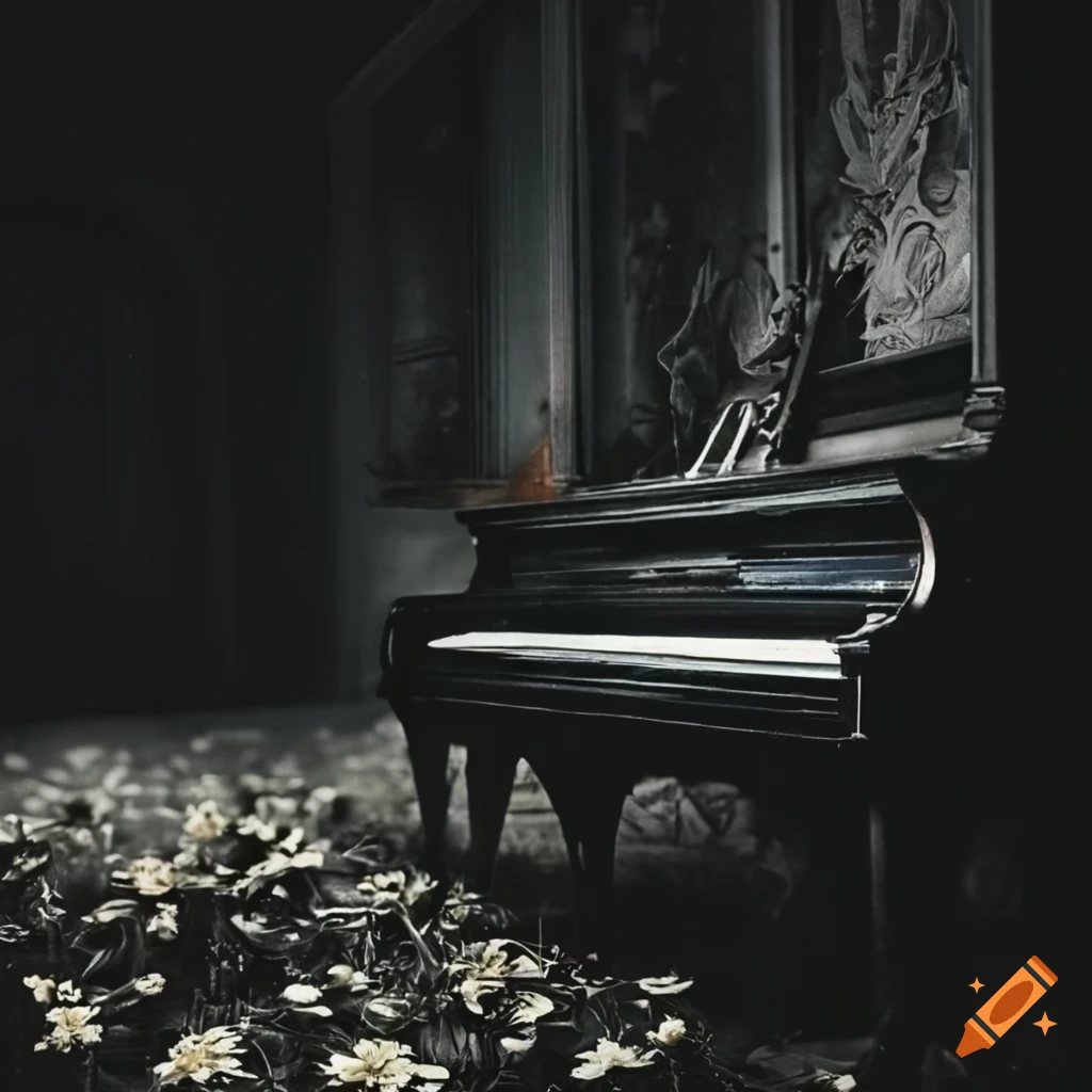 Vintage picture of a piano in an old German room with flowers