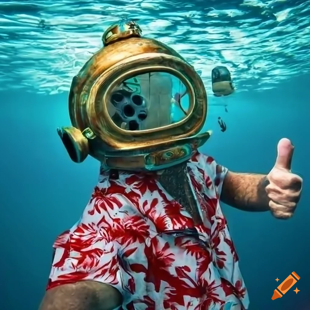 Man in Hawaiian shirt and old diver helmet taking selfie underwater