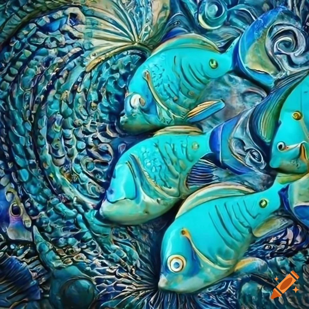 Extravagant turquoise fish sculpted on aqua art frieze on Craiyon