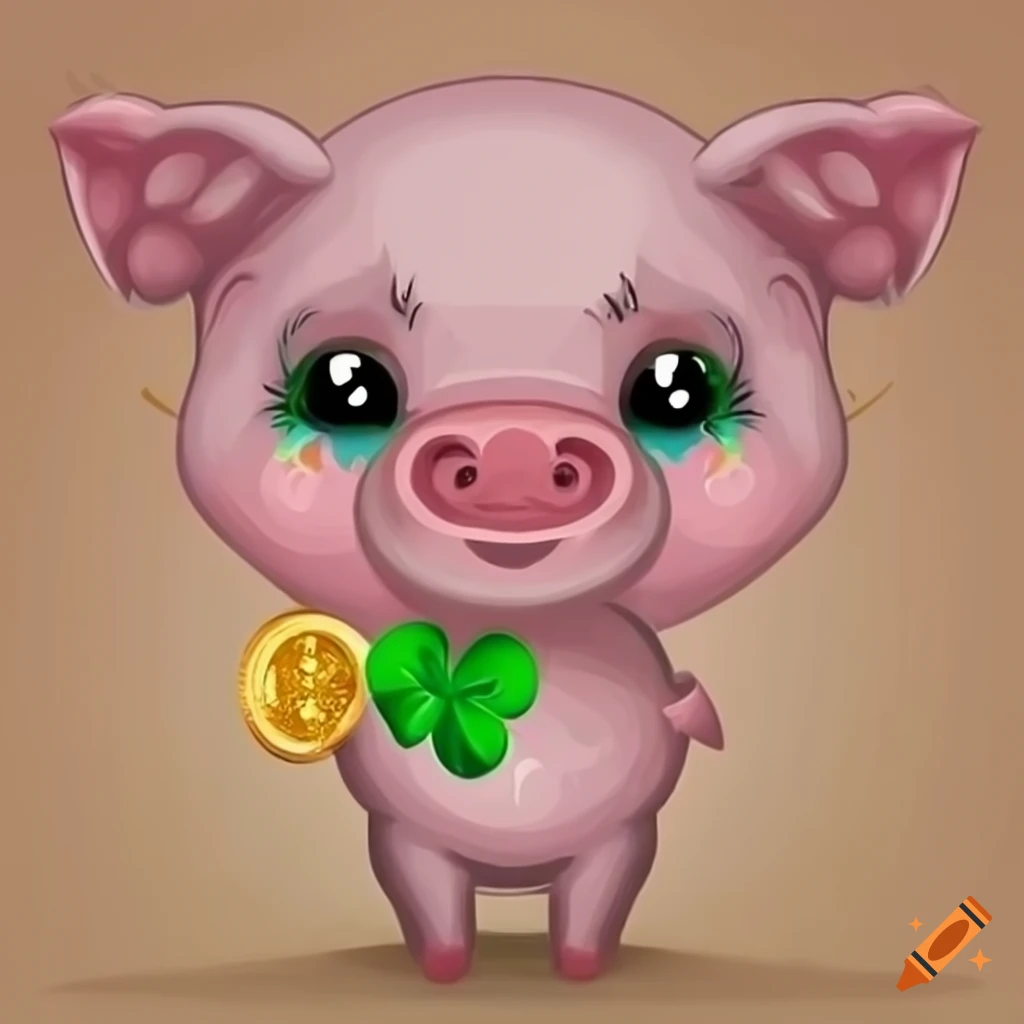Adorable pink pig with heart-shaped eyes, gold coin, and green four-leaf clover
