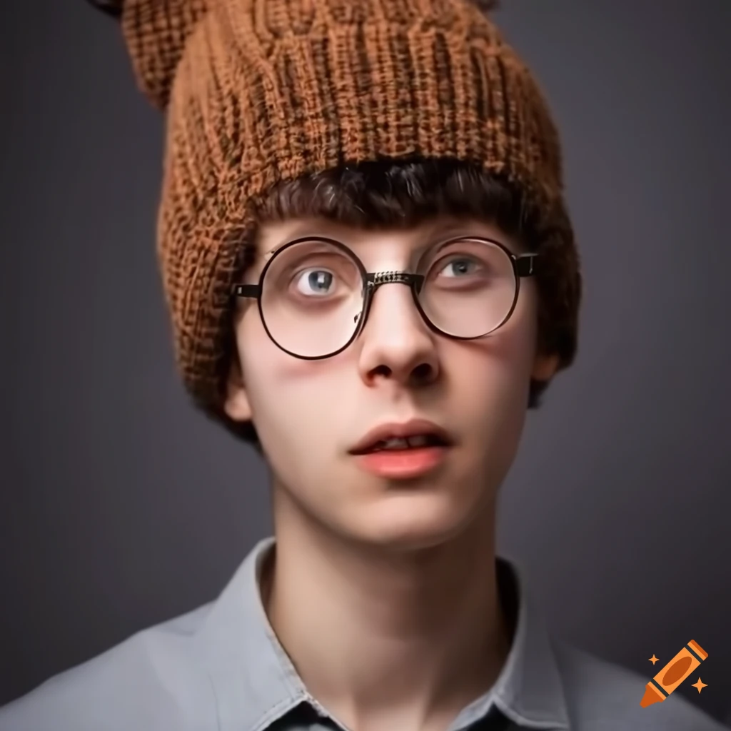 Quirky young adult male with round glasses and a bobble hat on Craiyon