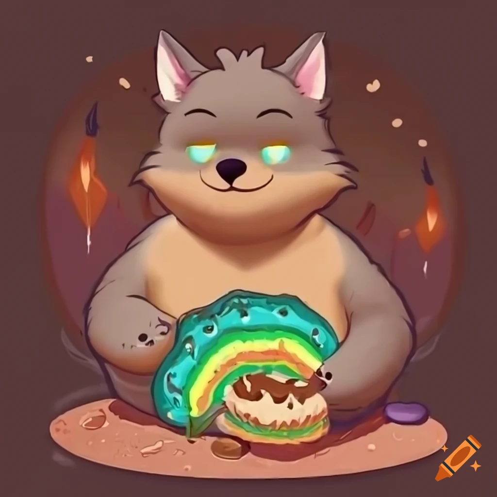 Chubby wolf character sitting by fireplace with a plate of rainbow cupcakes and cookies
