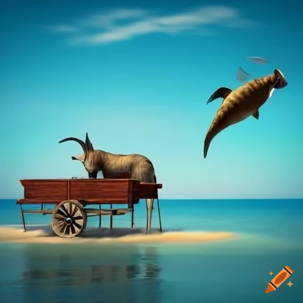 Goat and fish pulling a wagon on the beach in ancient judea on Craiyon