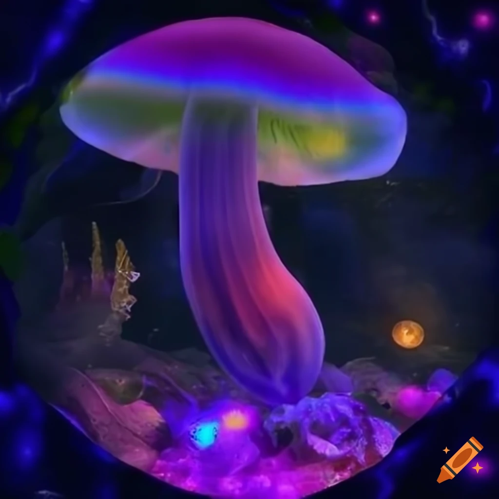 Glowing rivers amid purple flora and a mystical statue in an alien ...
