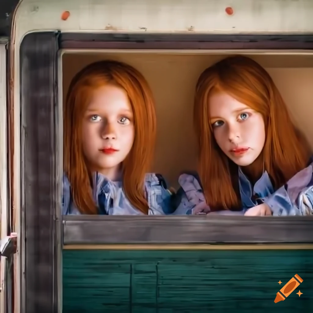 Two ginger female twins in country plaid shirts and high-waist black leather trousers sitting in a caravan trailer