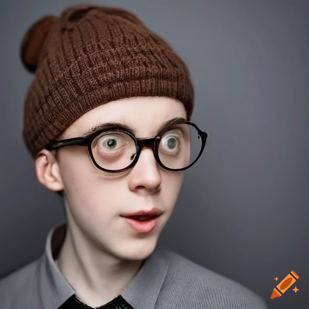 Quirky young adult male with round glasses and a bobble hat on Craiyon